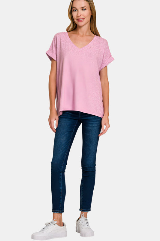 Soft Melange Hacci V-Neck Tee / BRIGHT MAUVE