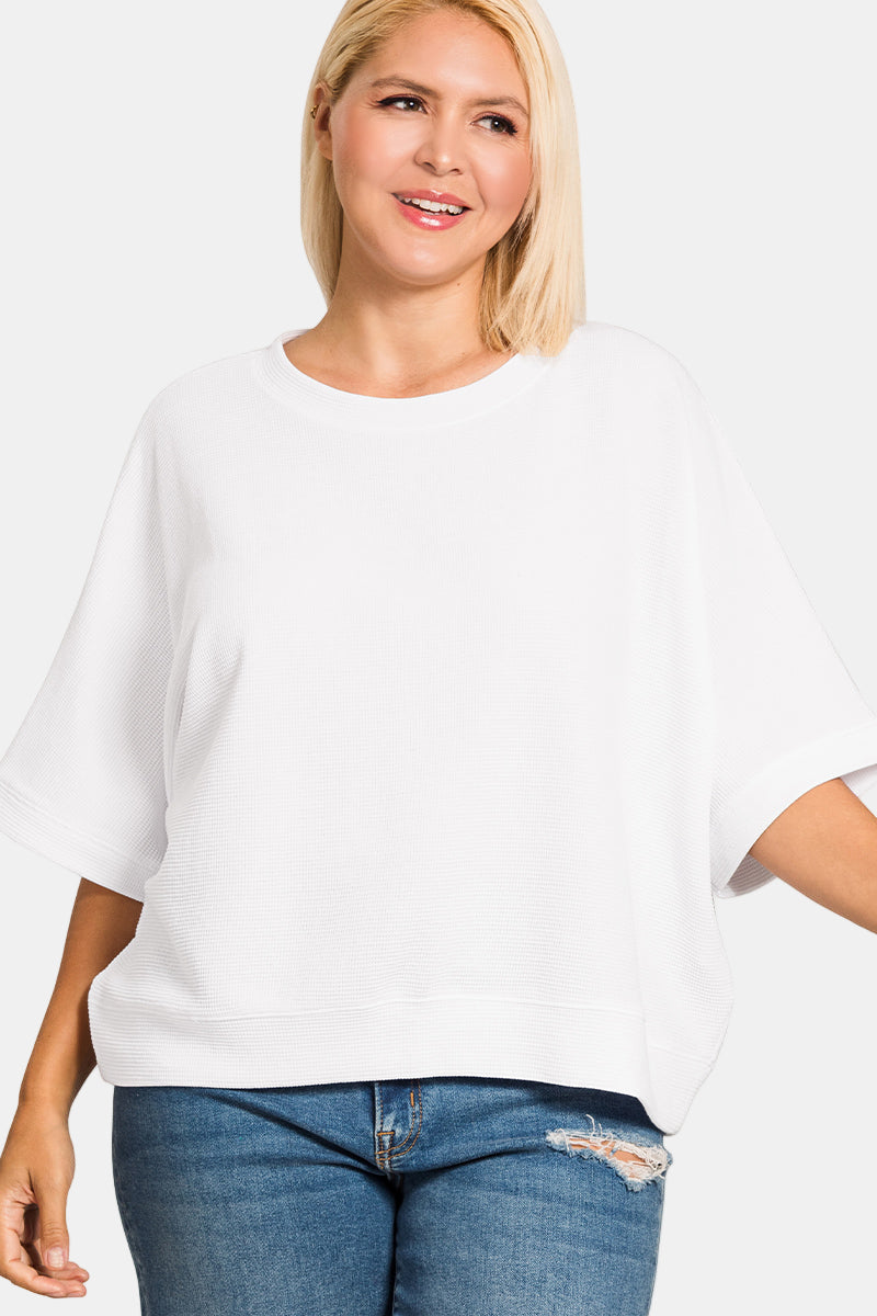 Double Knit Banded Bottom Short Sleeve Top / WHITE