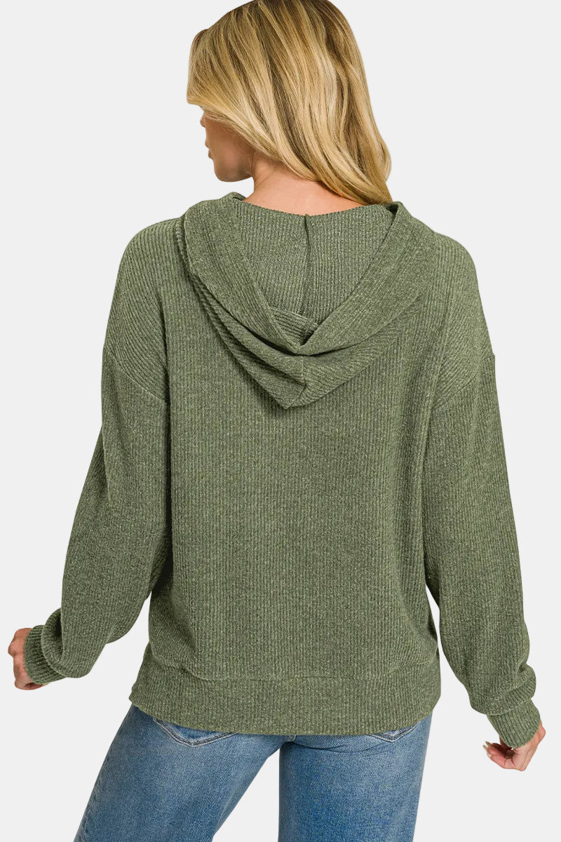 Brushed Ribbed Hacci Hoodie Pullover / DK RED