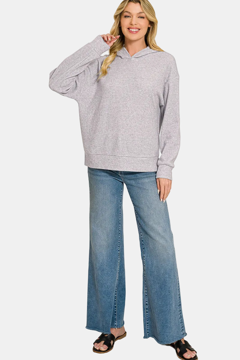Brushed Ribbed Hacci Hoodie Pullover / DK RED