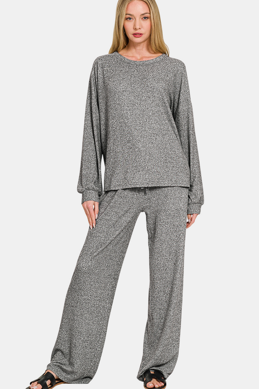 Soft Melange Hacci Long Sleeve Tee & Pants Set / BLACK
