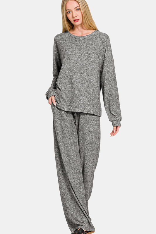 Soft Melange Hacci Long Sleeve Tee & Pants Set / BLACK