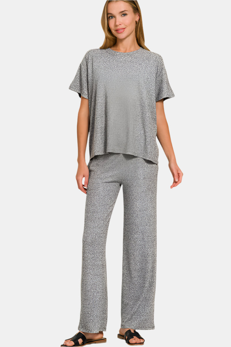 Soft Melange Short Sleeve Tee & Long Pants Set / BLACK