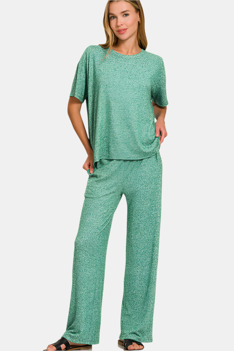 Soft Melange Short Sleeve Tee & Long Pants Set / DK GREEN