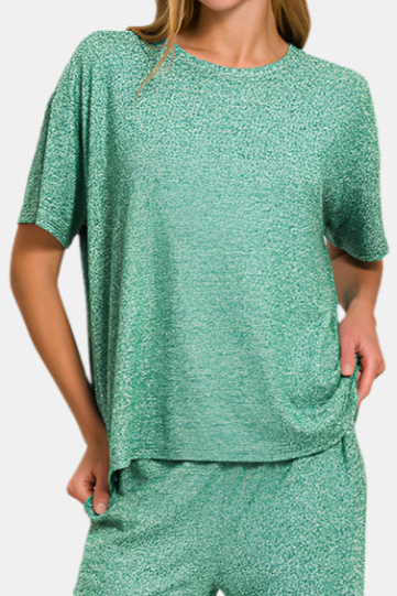 Soft Melange Short Sleeve Tee & Long Pants Set / DK GREEN