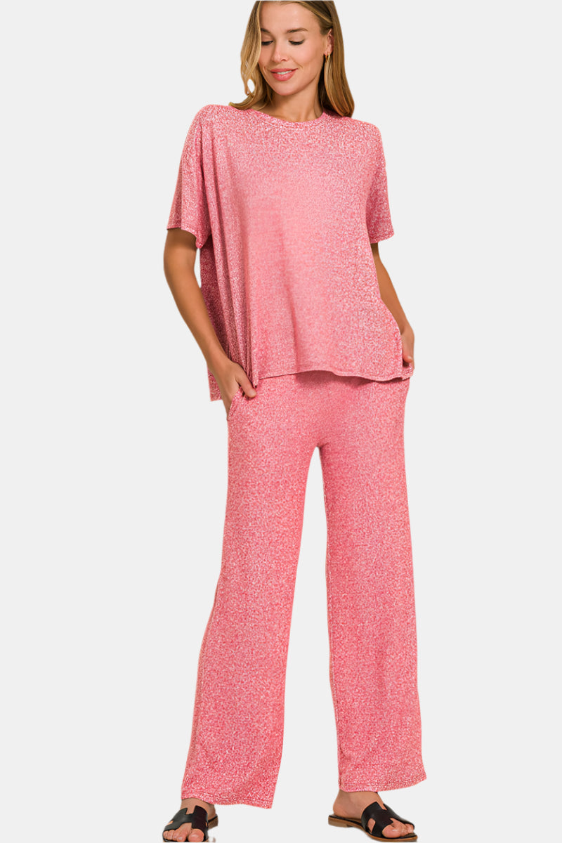 Soft Melange Short Sleeve Tee & Long Pants Set / DK RED