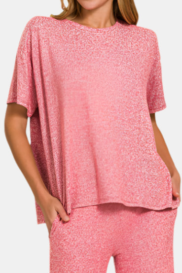 Soft Melange Short Sleeve Tee & Long Pants Set / DK RED