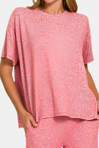 Soft Melange Short Sleeve Tee & Long Pants Set / DK RED