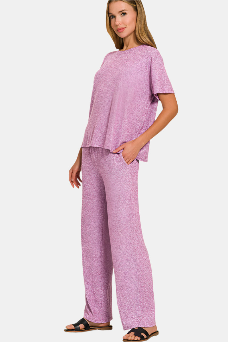 Soft Melange Short Sleeve Tee & Long Pants Set / LT PLUM