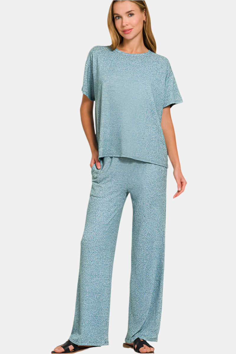 Soft Melange Short Sleeve Tee & Long Pants Set / TEAL