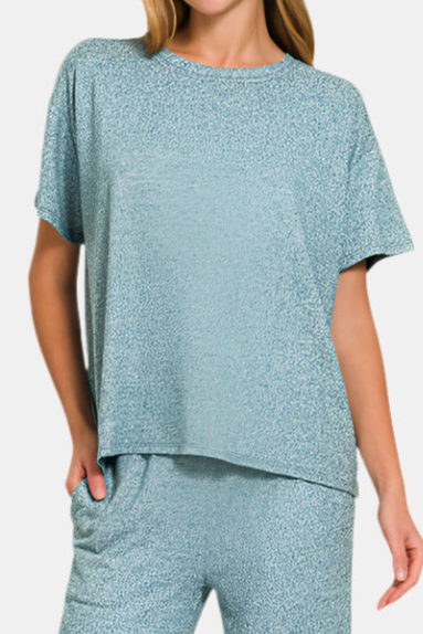 Soft Melange Short Sleeve Tee & Long Pants Set / TEAL