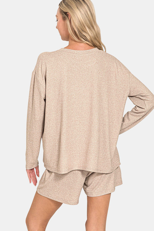 Soft Melange Long Sleeve Tee & Shorts Set / BLACK