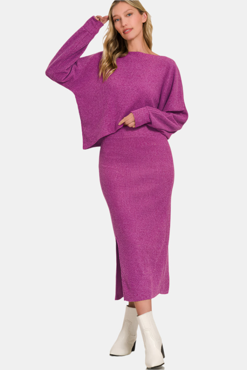 Ribbed Asymmetric Hem and Sleeve Top & Skirt Set / LT PLUM