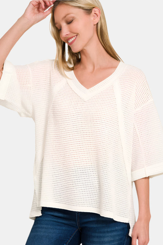 Brushed Waffle Exposed-Seam 3/4 Sleeve Top / OFF WHITE