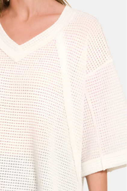 Brushed Waffle Exposed-Seam 3/4 Sleeve Top / OFF WHITE