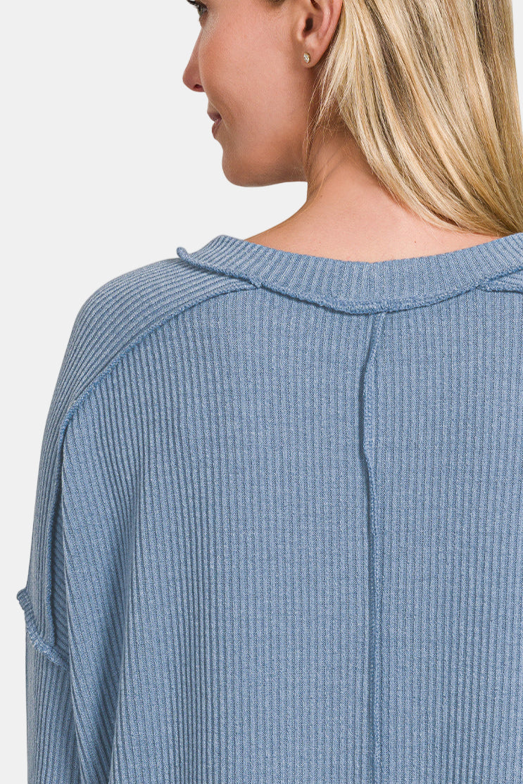 Ribbed Drop Shoulder Round Neck Sweater / BEIGE