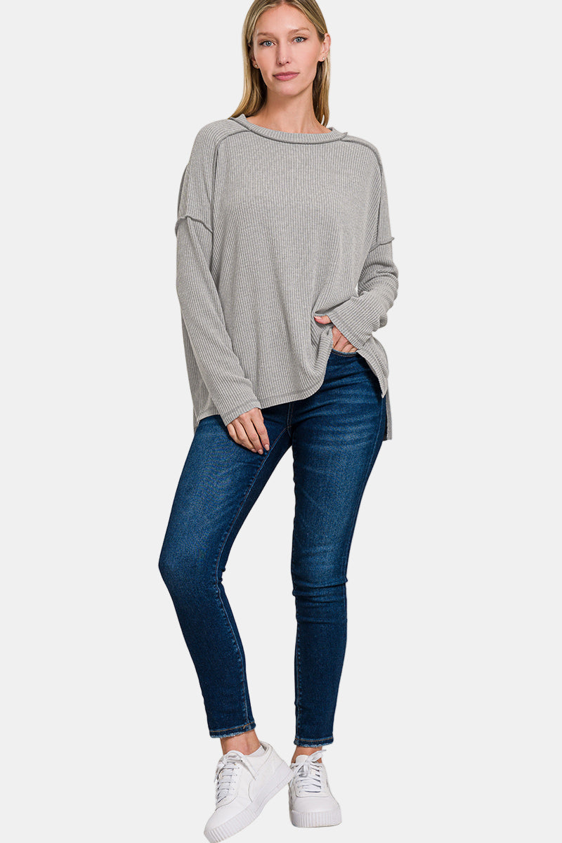 Ribbed Drop Shoulder Round Neck Sweater / BEIGE