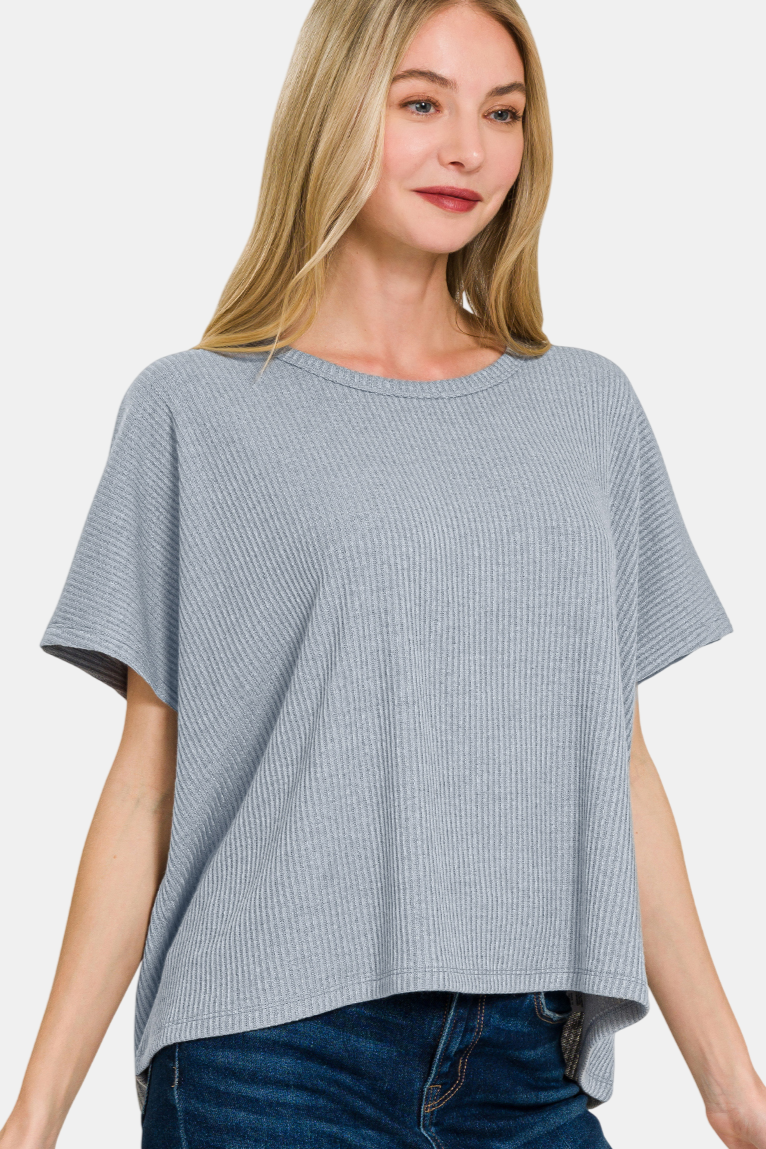 Ribbed Round-Neck Short-Sleeve Sweater / BLUE GREY