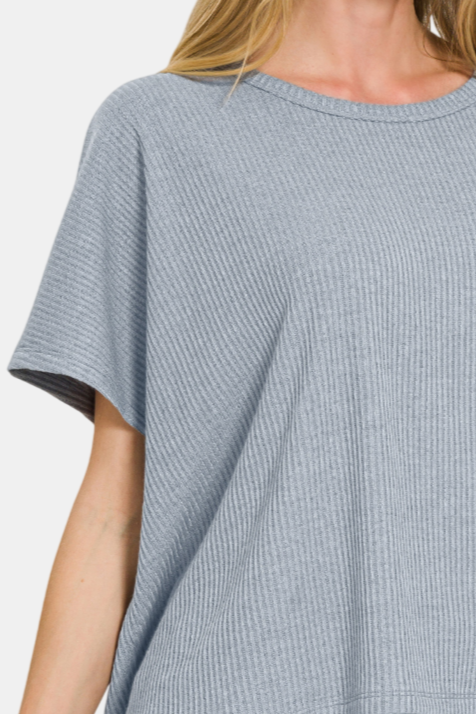 Ribbed Round-Neck Short-Sleeve Sweater / BLUE GREY