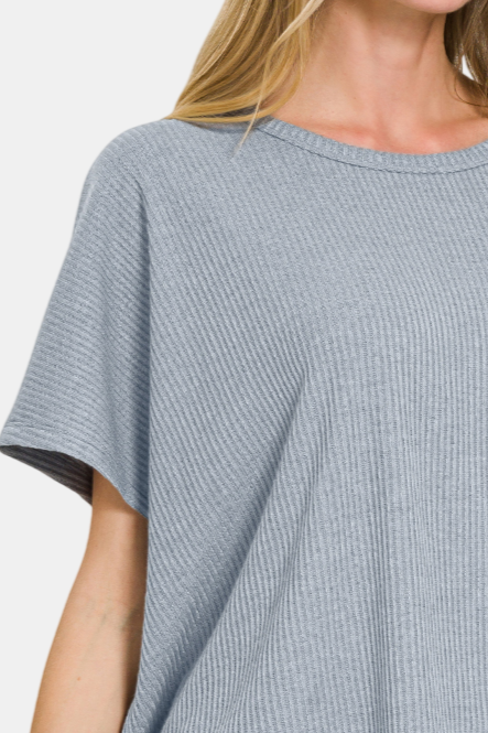 Ribbed Round-Neck Short-Sleeve Sweater / BLUE GREY
