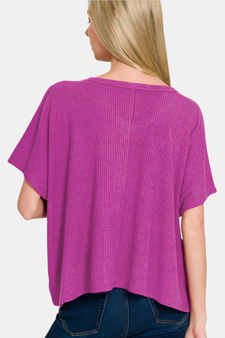 Ribbed V-Neck Short-Sleeve Sweater / K GREEN