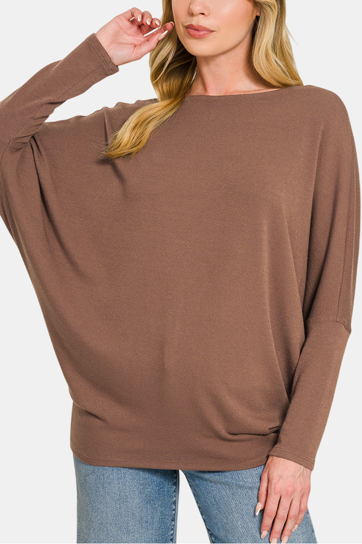 Hacci Dolman Long Sleeve Boat Neck Top / SAND BEIGE