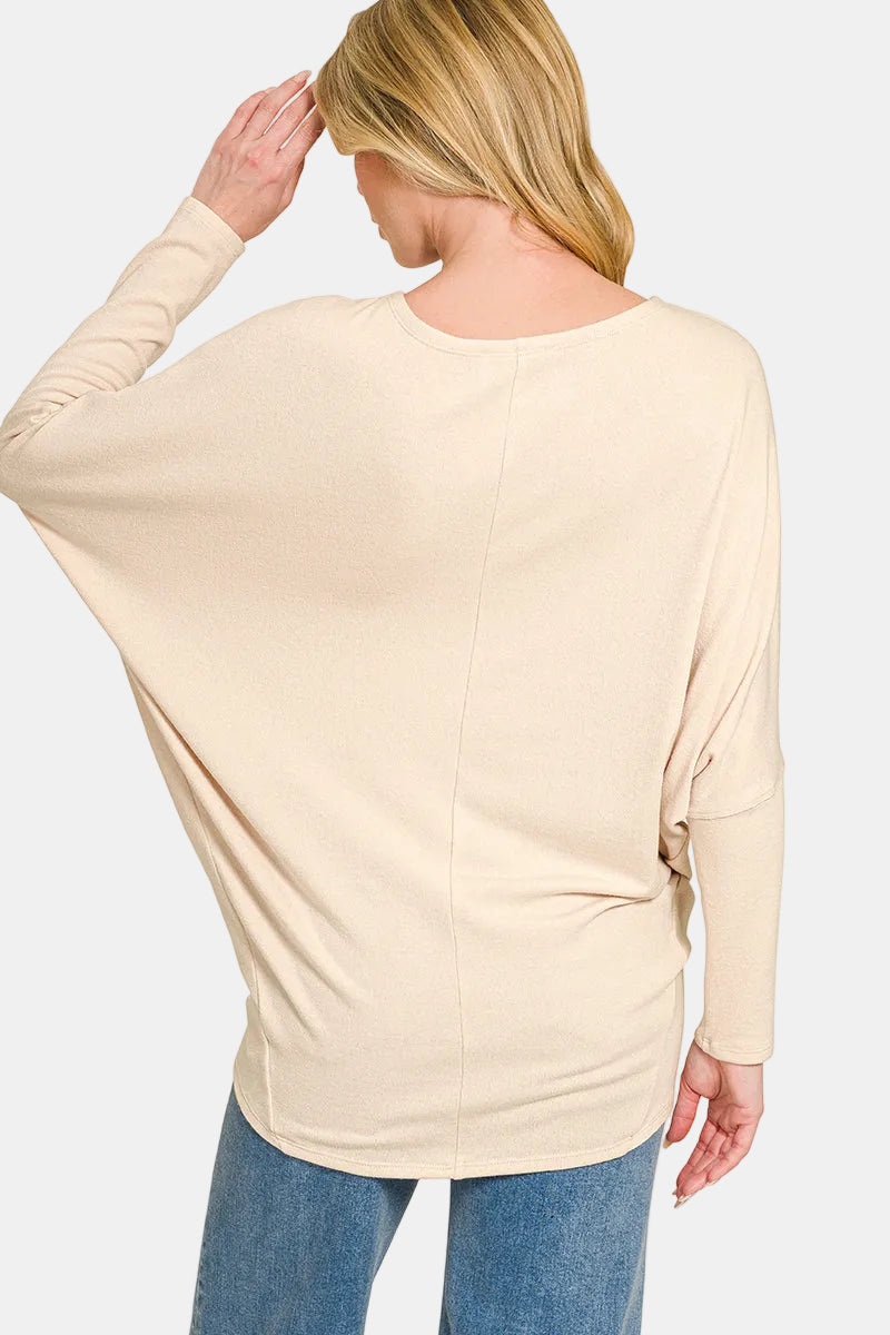 Hacci Dolman Long Sleeve Boat Neck Top / DK NAVY