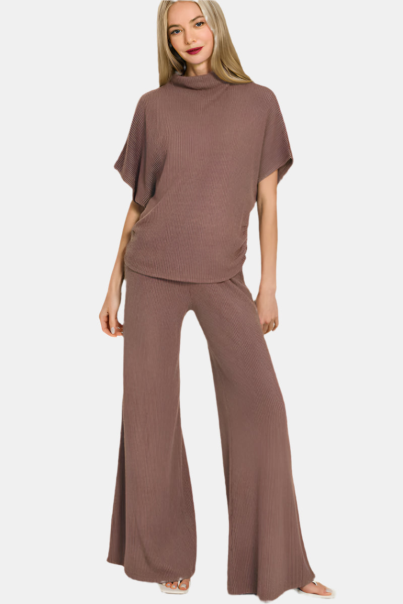 Sweater Mock Neck Top & Long Pants Set / BROWN