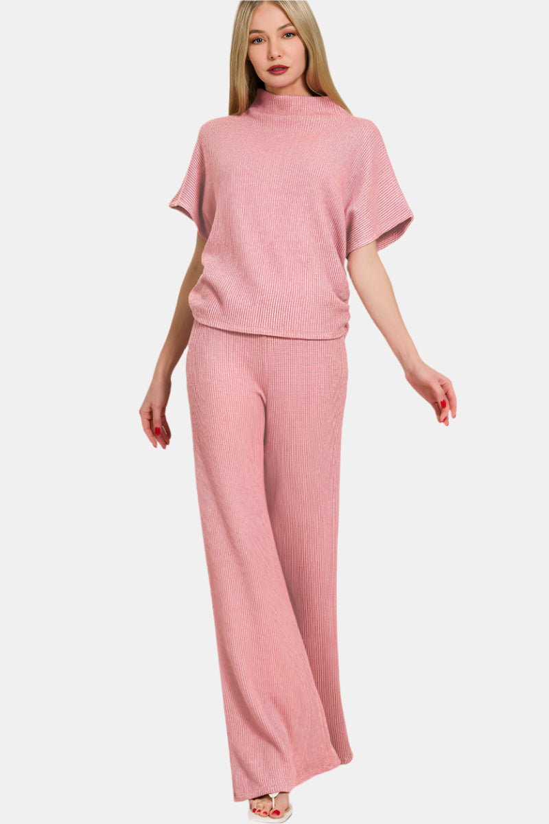 Sweater Mock Neck Short Sleeve Top & Long Pants Set / LT ROSE