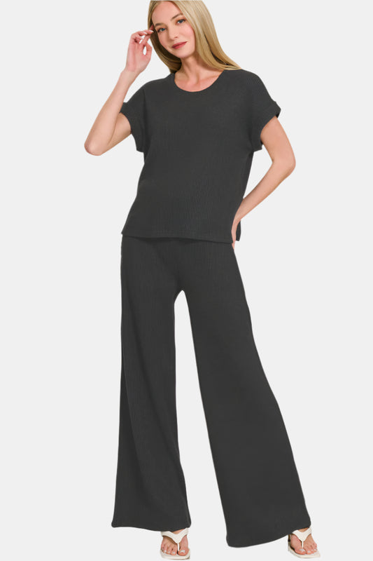 Sweater Rolled Sleeve Top & Long Pants Set / BLACK