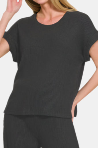 Sweater Rolled Sleeve Top & Long Pants Set / BLACK