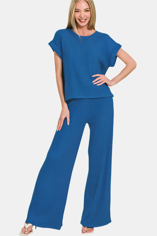 Sweater Rolled Sleeve Top & Long Pants Set / CLASSIC BLUE