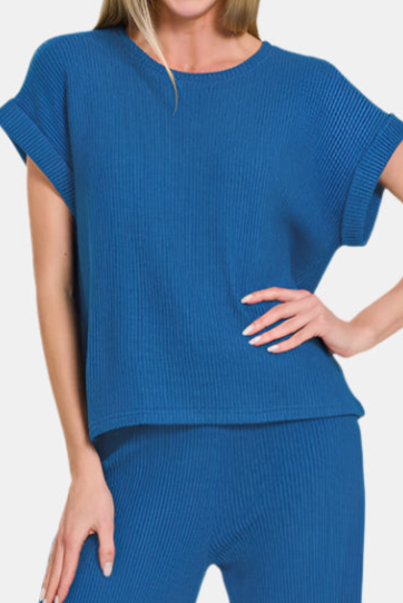 Sweater Rolled Sleeve Top & Long Pants Set / CLASSIC BLUE