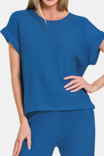 Sweater Rolled Sleeve Top & Long Pants Set / CLASSIC BLUE