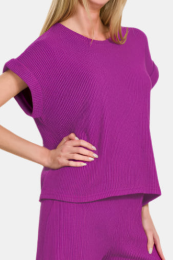 Sweater Rolled Sleeve Top & Long Pants Set / LT PLUM