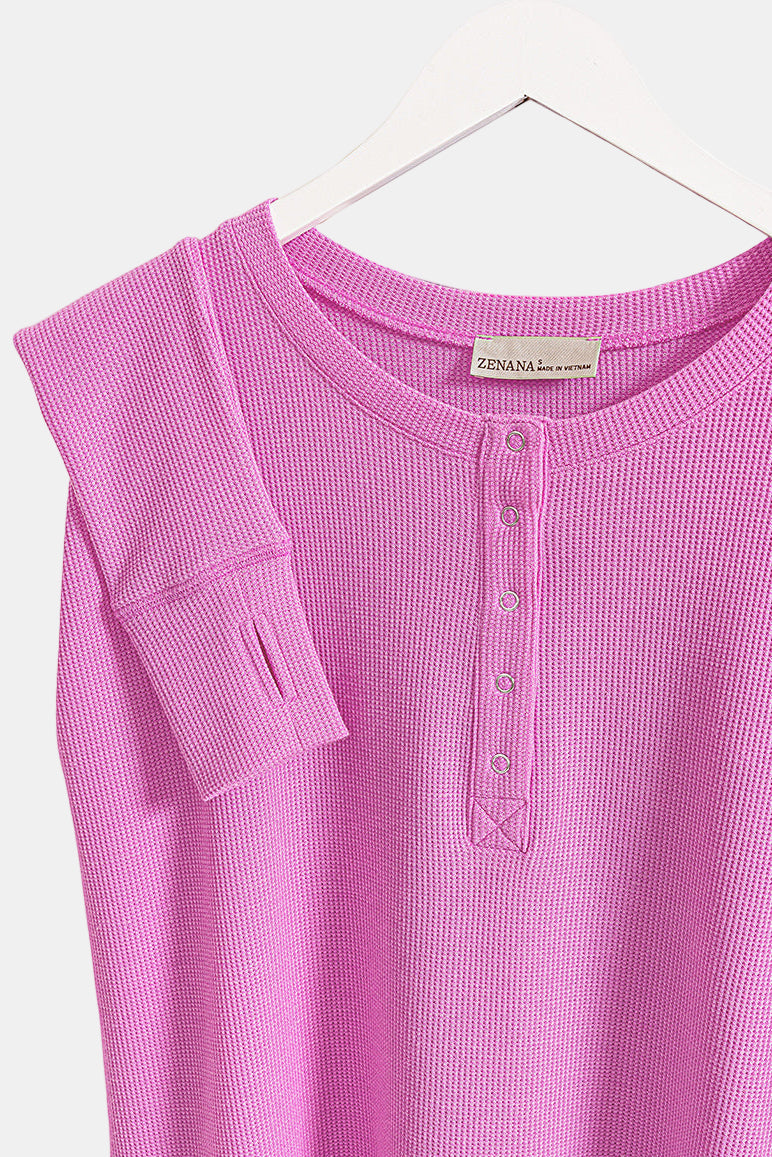 Waffle Thumb Hole Cuffs Henley Tee / BRIGHT MAUVE