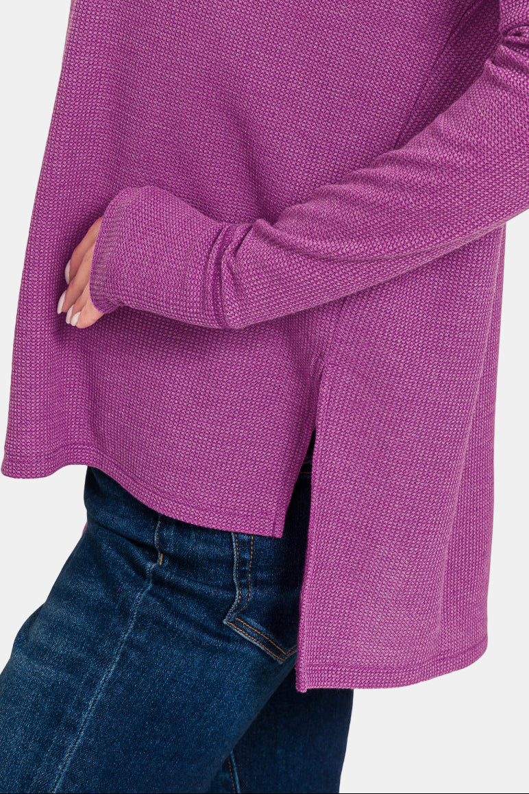 Waffle Thumb Hole Cuffs Henley Tee / BRIGHT MAUVE