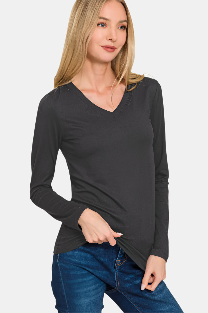 Brushed Microfiber Long Sleeve V-Neck Tee / BLACK