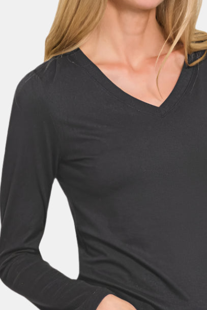 Brushed Microfiber Long Sleeve V-Neck Tee / BLACK
