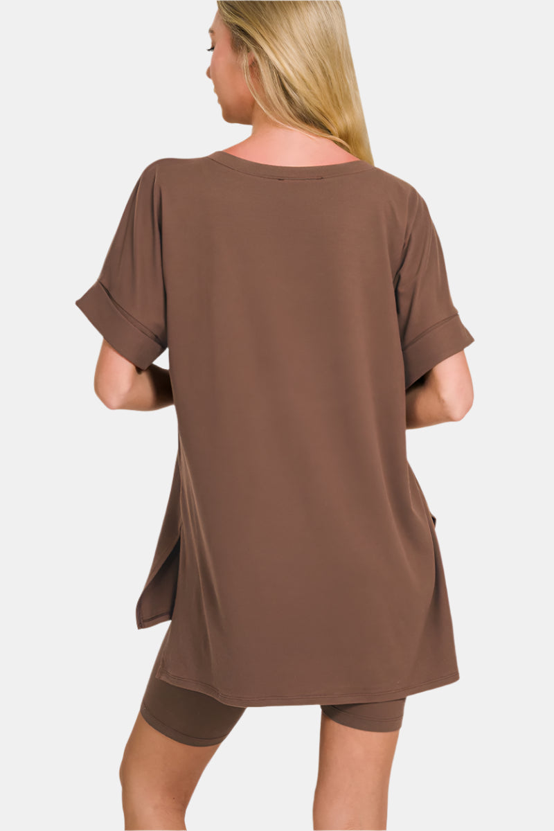 Brushed DTY Microfiber V-Neck Top & Biker Shorts / ASH MOCHA