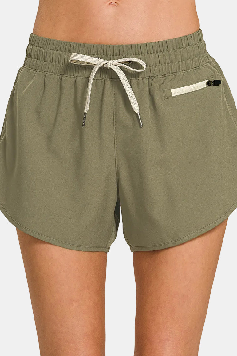 Soft Woven Lined Shorts With Zip Coin Pocket / DUSTY OLIVE