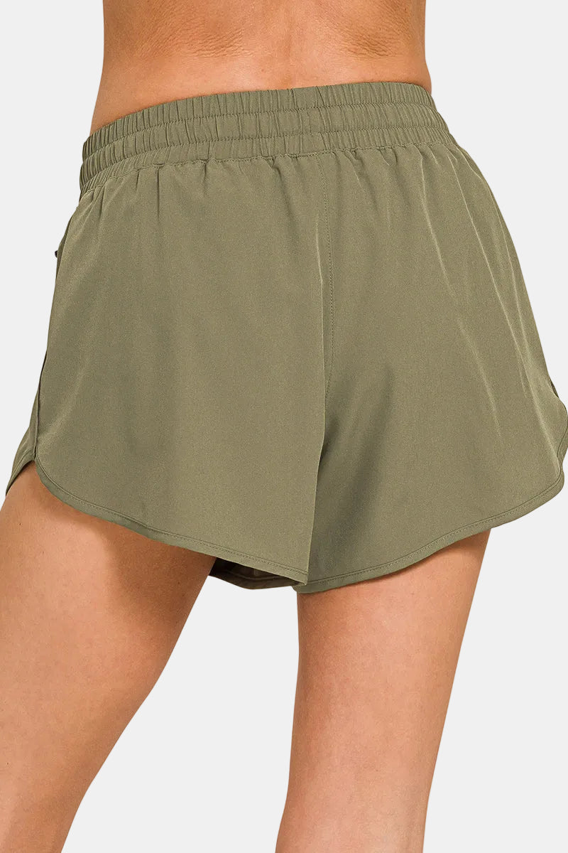 Soft Woven Lined Shorts With Zip Coin Pocket / DUSTY OLIVE