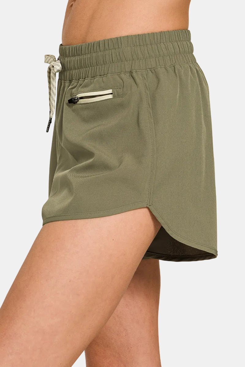 Soft Woven Lined Shorts With Zip Coin Pocket / DUSTY OLIVE