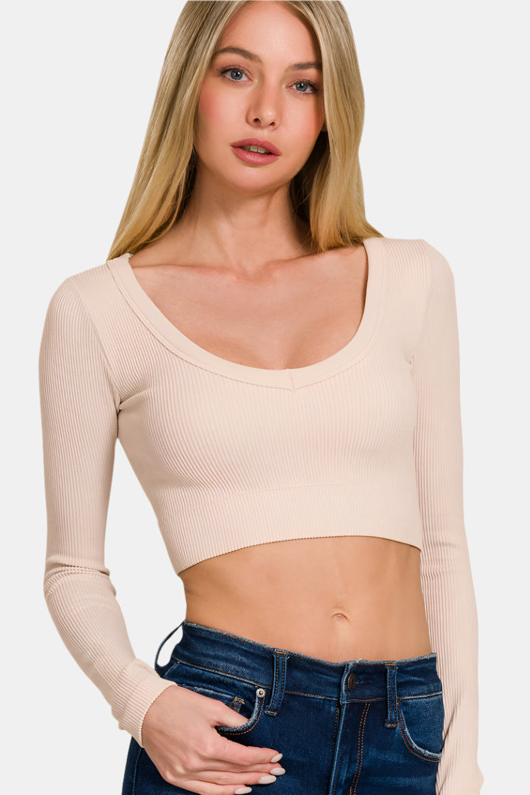 Seamless Fitted Rib V-Neck Long Sleeve Crop Top / SAND BEIGE