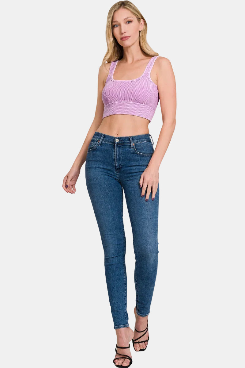 Washed Ribbed Seamless Square Neck Cropped Tank With Bra Pads / ASH OLIVE
