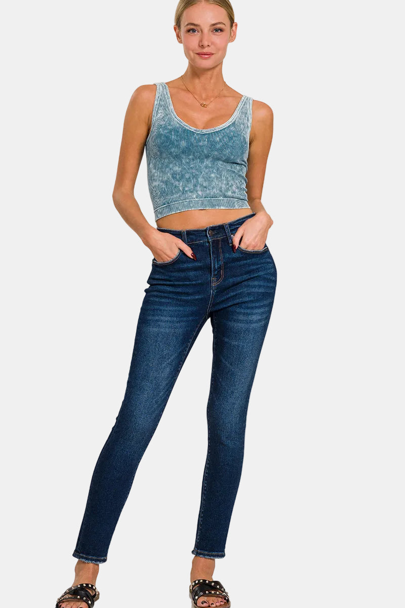 2 Way Neckline Washed Ribbed Seamless Tank Top / LT TEAL