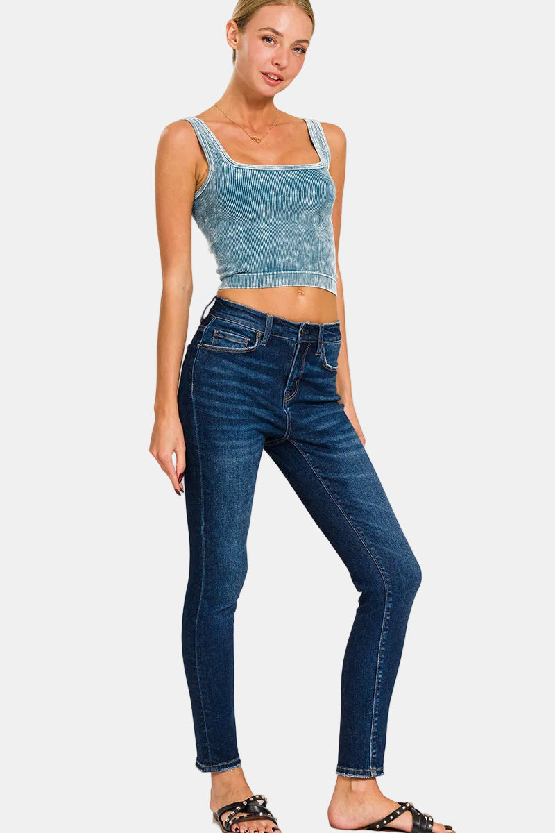 2 Way Neckline Washed Ribbed Seamless Tank Top / DEEP SKY