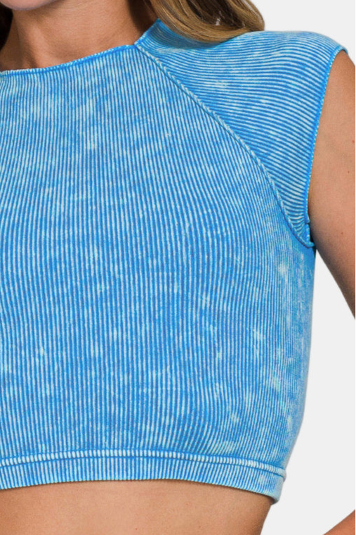 Stone Washed Ribbed Seamless Round Neck Crop Top / DEEP SKY