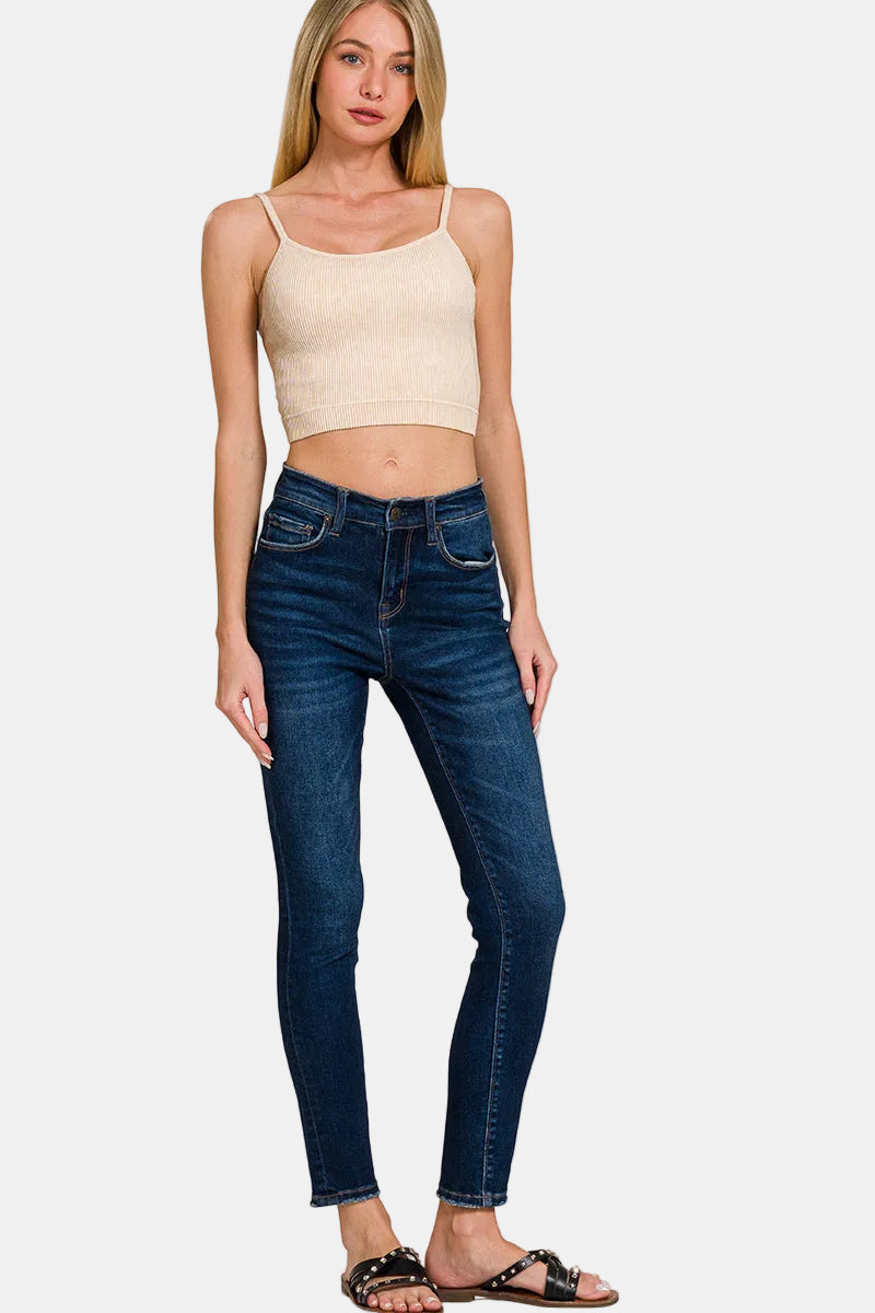 Stone Washed Ribbed Tank Top with Bra Pads / BLACK