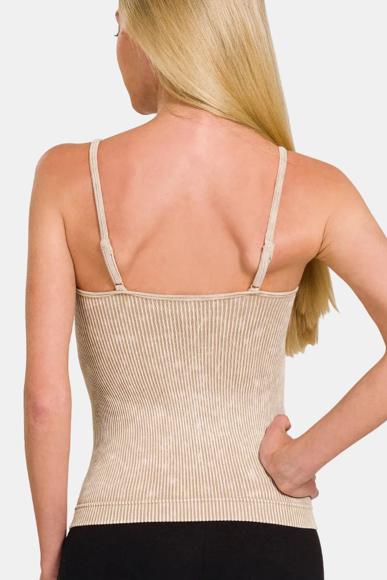 Stone Washed Ribbed Seamless Tank Top With Bra Pads / BLACK